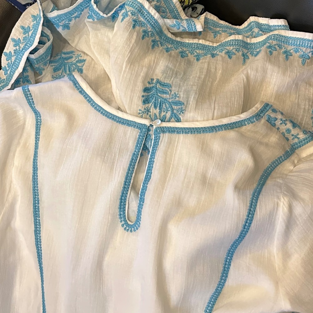 Soft Surroundings Maxi Dress Boho Sz M White Blue Embroidered Cotton Tassels - Picture 7 of 8